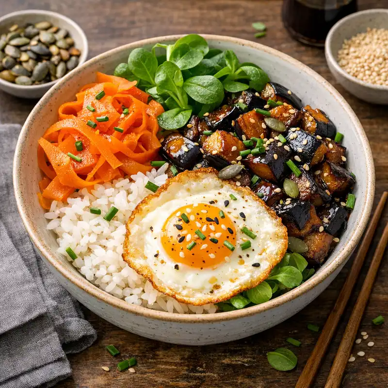 Misoaubergine med ägg och ris